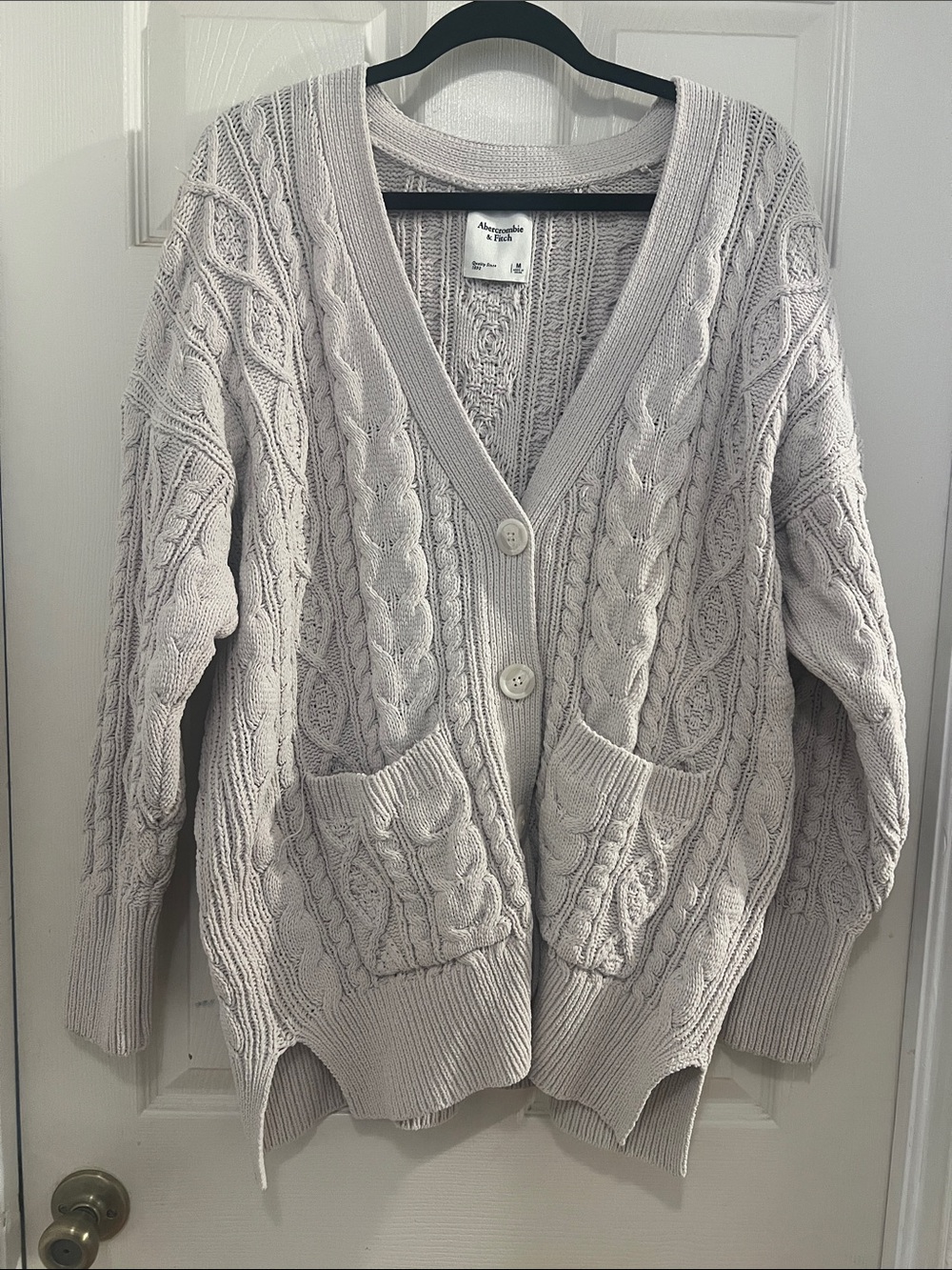 Abercrombie & Fitch Women's Cream Cable Knit Chunky Button Cardigan, medium